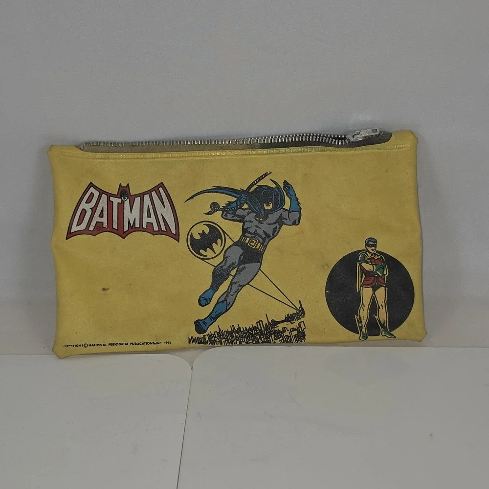 BATMAN & ROBIN 1974 Yellow Plastic Zipper Pencil Pouch Pencil Case Hong Kong VTG